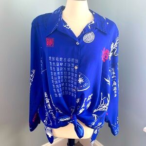 Elegant Blue Asian Print Women's Button Down Shirt